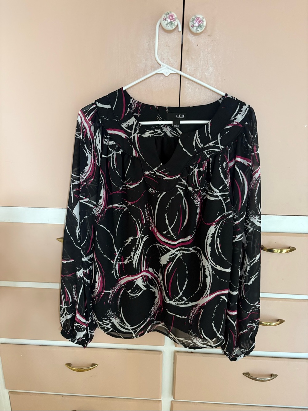 a.n.a Black Blouse with Pink & White Abstract Circles